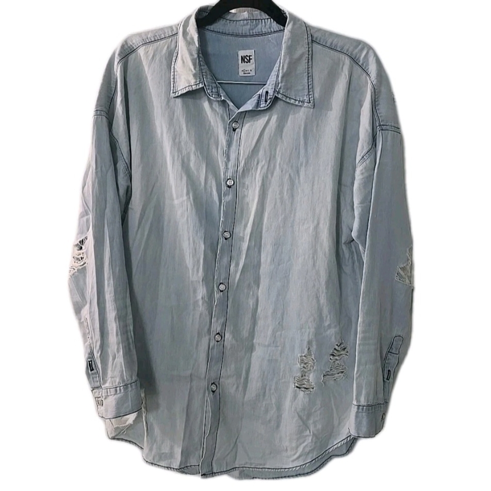 NSF Light Wash Distressed Womens Button Up Shirt Size Small Made In‎ USA